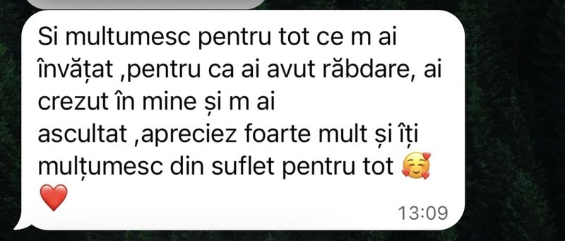 Mesaj de la un părinte: mulțumiri pentru răbdare și pentru încrederea acordată elevului.